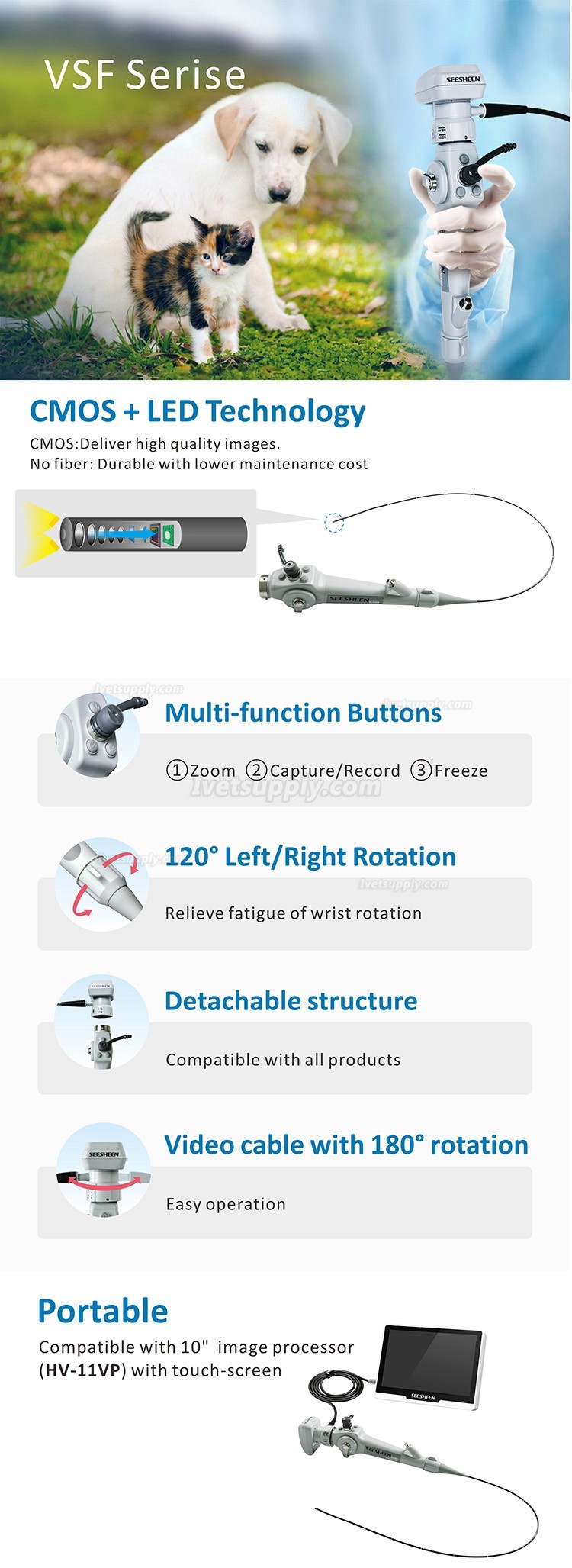 Seesheen VMF-E11ST Veterinary Flexible Portable Video Endoscope For Animals